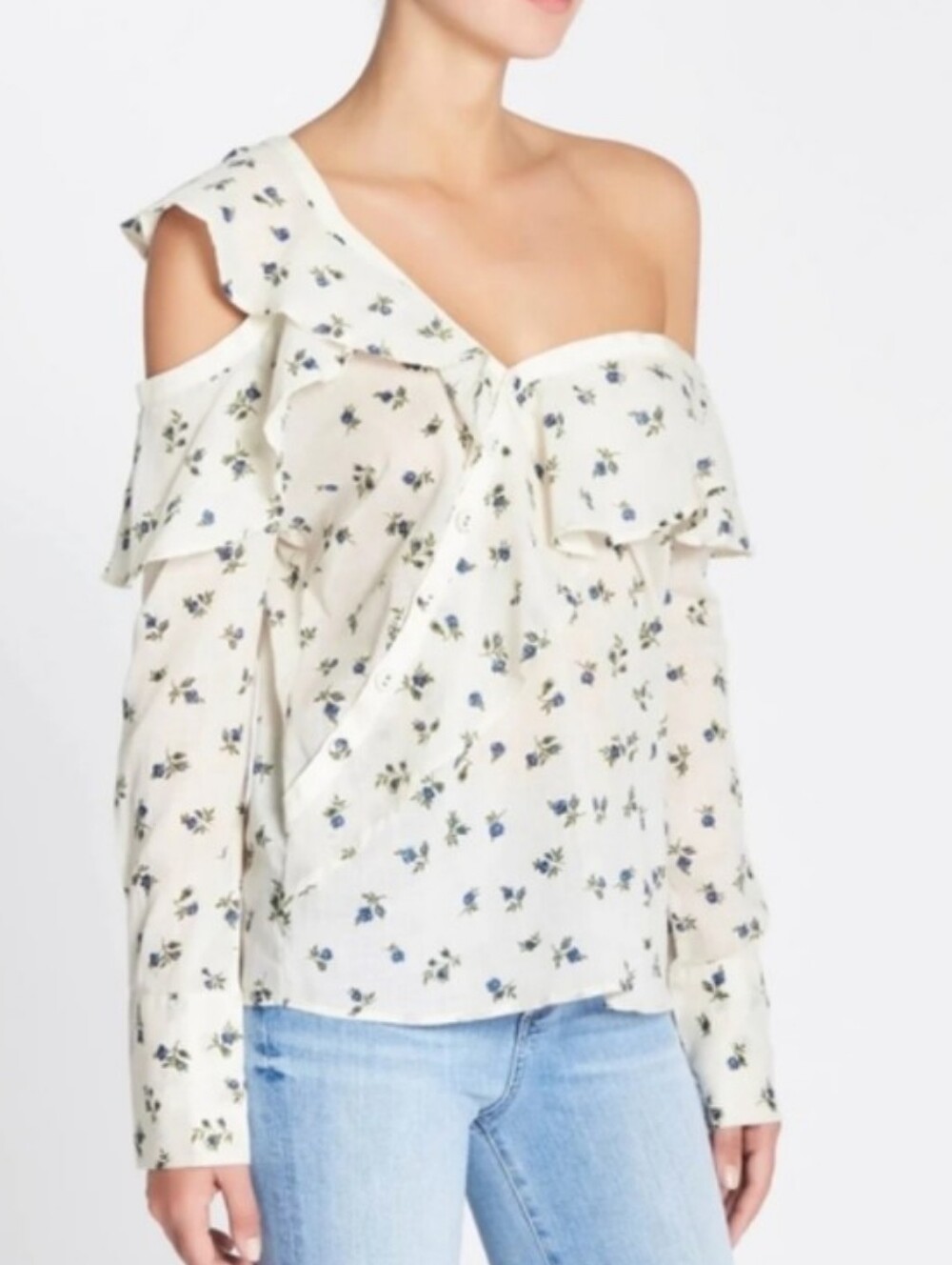 PAIGE Cream Floral Ruffle Button Front Blouse